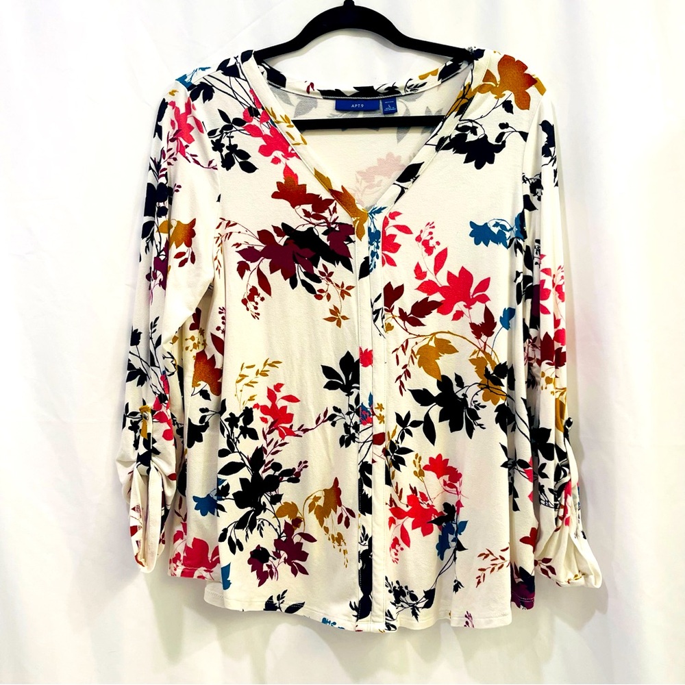 Apt 9 V Neck Adjustable Sleeve Off White Floral Blouse Women's Sz L